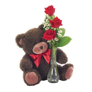 Classic Bud Vase Roses with Teddy Bear